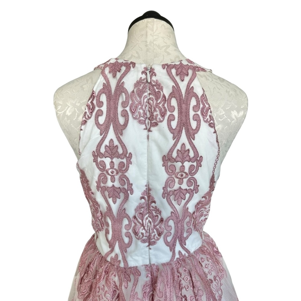 Chi Chi London NEW Pink Halter Dress Tulle Embroidered Overlay Damask Size 16 - Picture 7 of 16